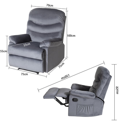 Wide Manual Single Recliner Sofa-Velvet Grey - Cosy Abode