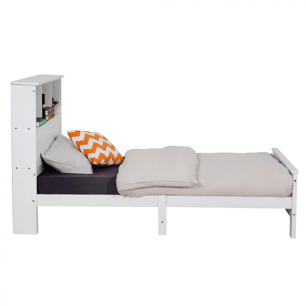 King Single Solid Pine Timber Bed Frame with Bookshelf Storage Headboard- White - Cosy Abode