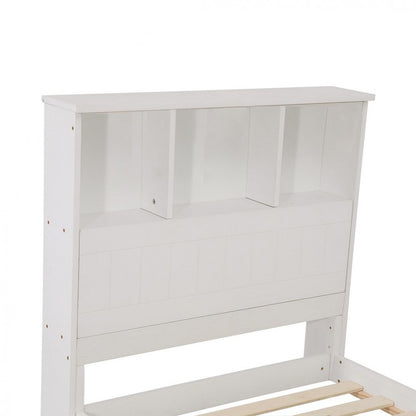 King Single Solid Pine Timber Bed Frame with Bookshelf Storage Headboard- White - Cosy Abode