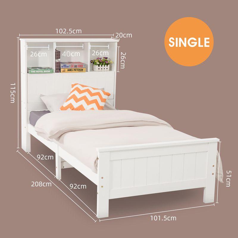 Single Size Solid Pine Timber Bed Frame with Bookshelf Headboard- White - Cosy Abode