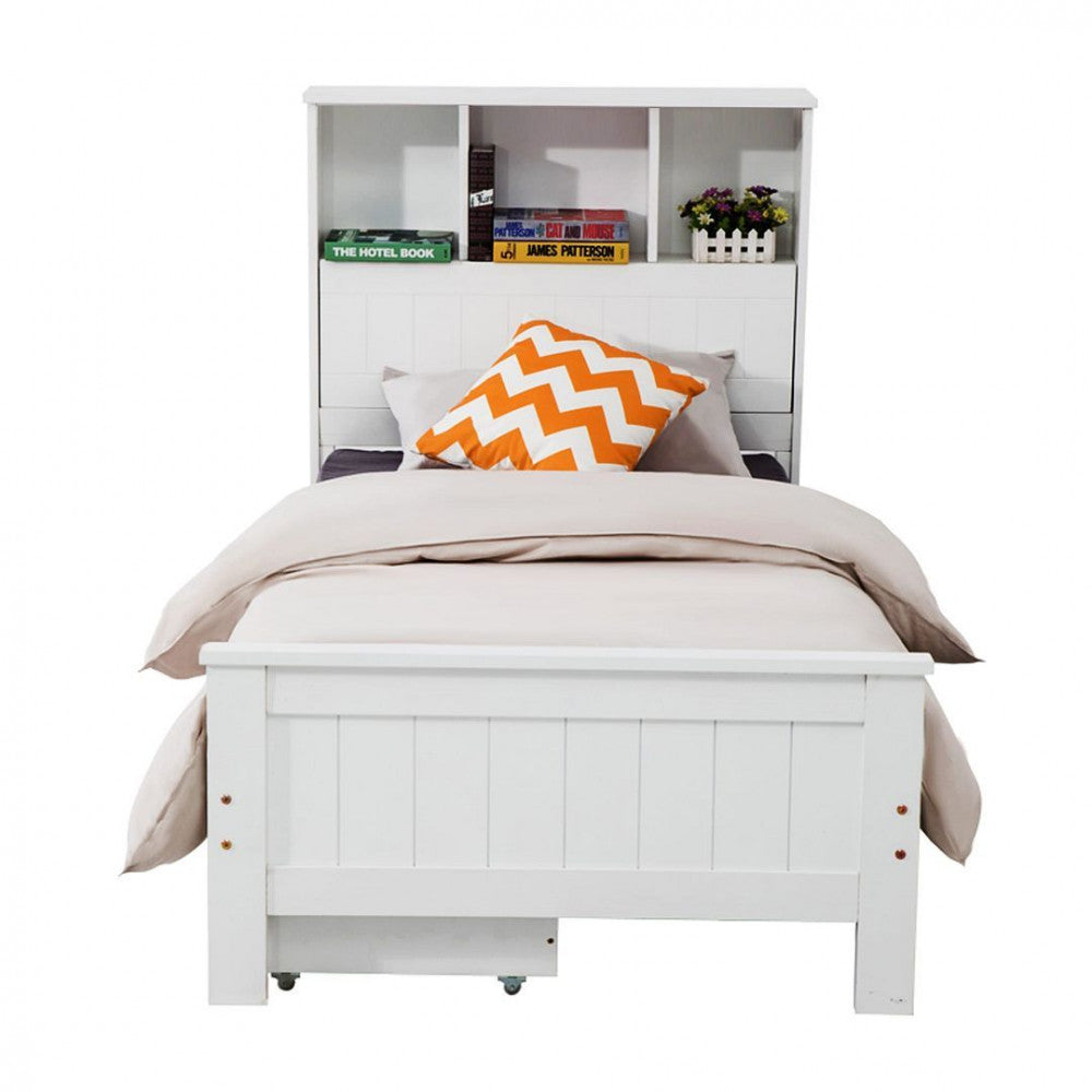 Single Size Solid Pine Timber Bed Frame with Bookshelf Headboard- White - Cosy Abode