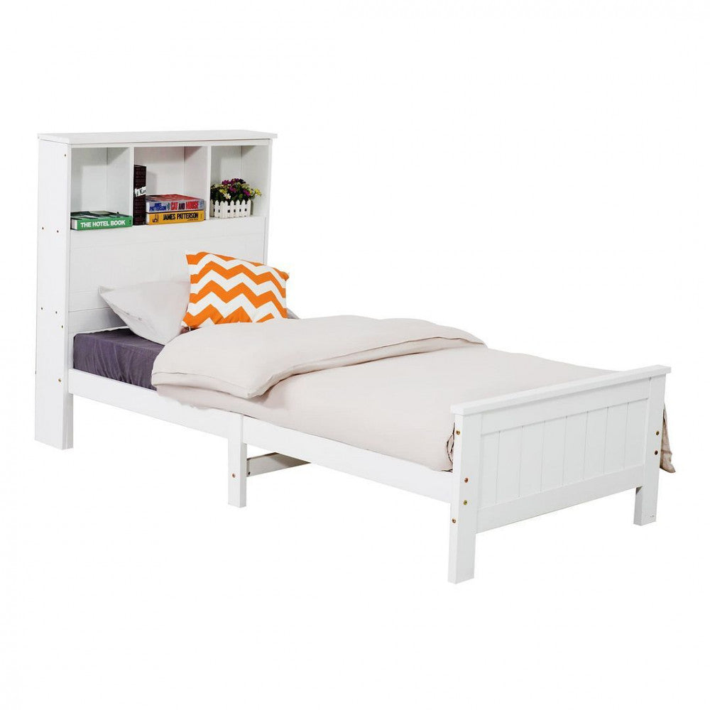 Single Size Solid Pine Timber Bed Frame with Bookshelf Headboard- White - Cosy Abode