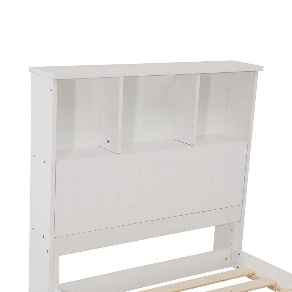Single Size Solid Pine Timber Bed Frame with Bookshelf Headboard- White - Cosy Abode