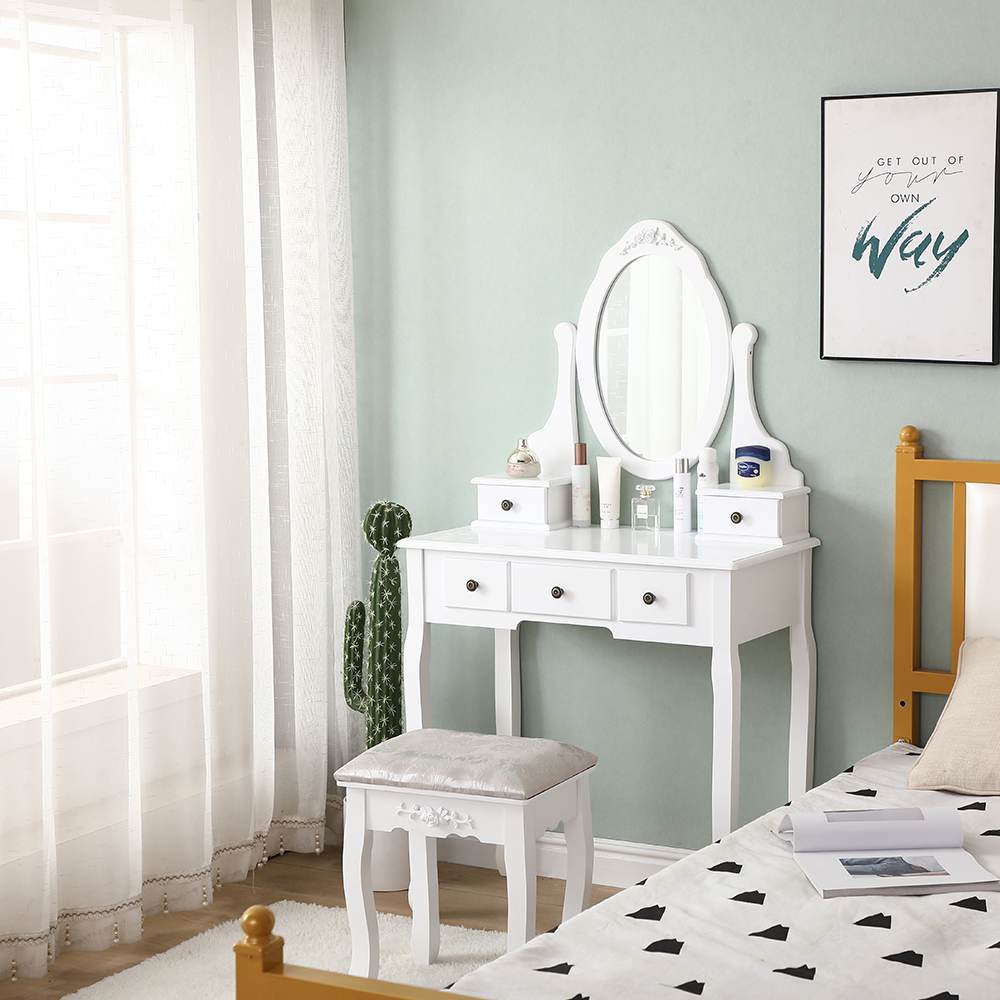 Carved Dressing Vanity Table Set with Mirror&Stool- White - Cosy Abode