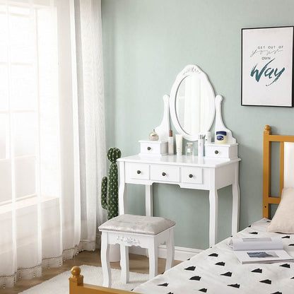 Carved Dressing Vanity Table Set with Mirror&Stool- White - Cosy Abode