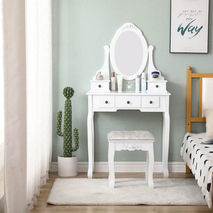 Carved Dressing Vanity Table Set with Mirror&Stool- White - Cosy Abode