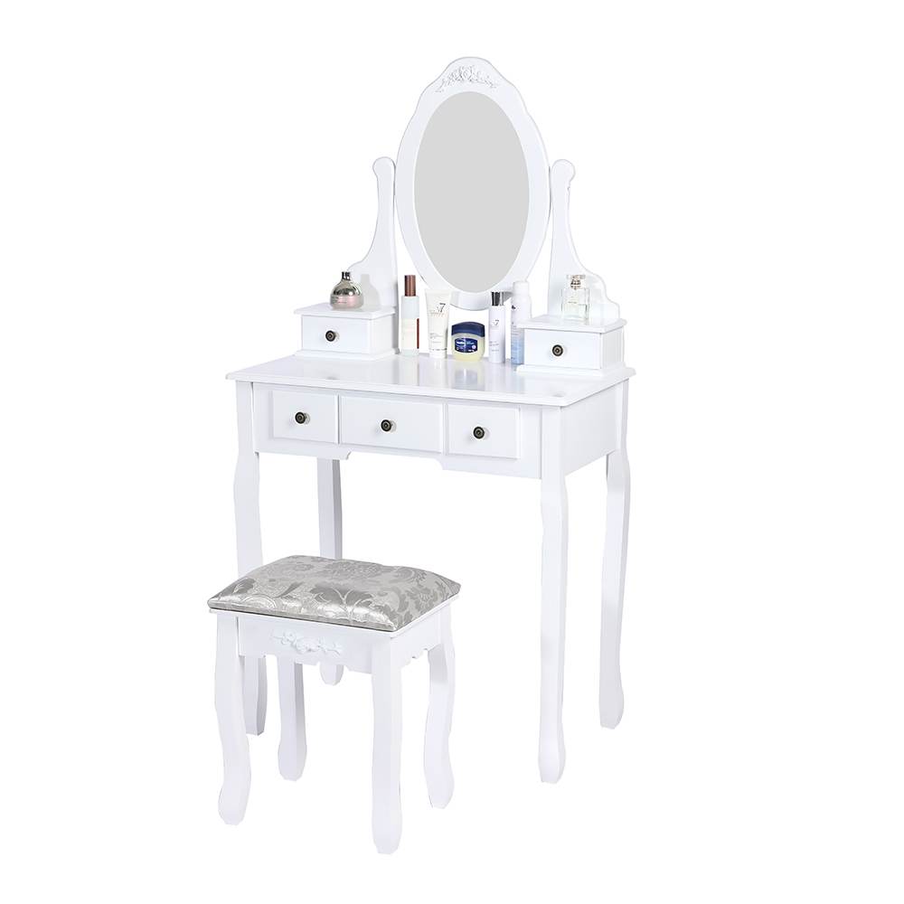 Carved Dressing Vanity Table Set with Mirror&Stool- White - Cosy Abode
