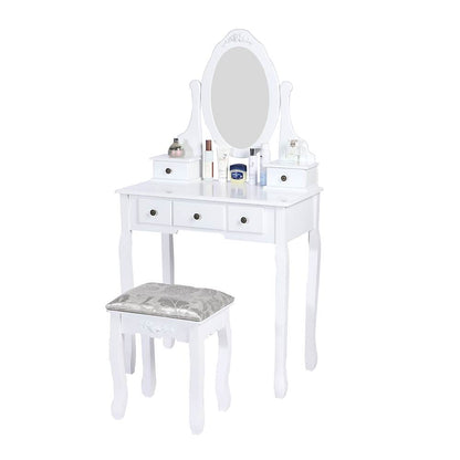 Carved Dressing Vanity Table Set with Mirror&Stool- White - Cosy Abode