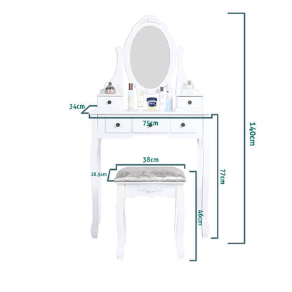 Carved Dressing Vanity Table Set with Mirror&Stool- White - Cosy Abode