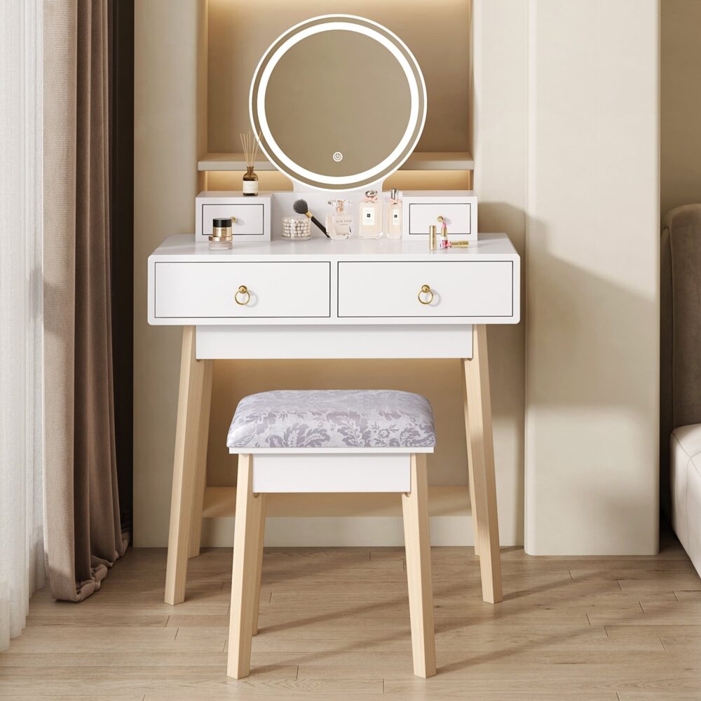 Dressing Vanity Table Stool Set with Make-up LED Lighted Mirror-White - Cosy Abode