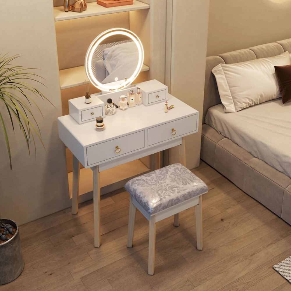 Dressing Vanity Table Stool Set with Make-up LED Lighted Mirror-White - Cosy Abode