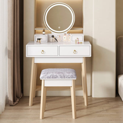 Dressing Vanity Table Stool Set with Make-up LED Lighted Mirror-White - Cosy Abode