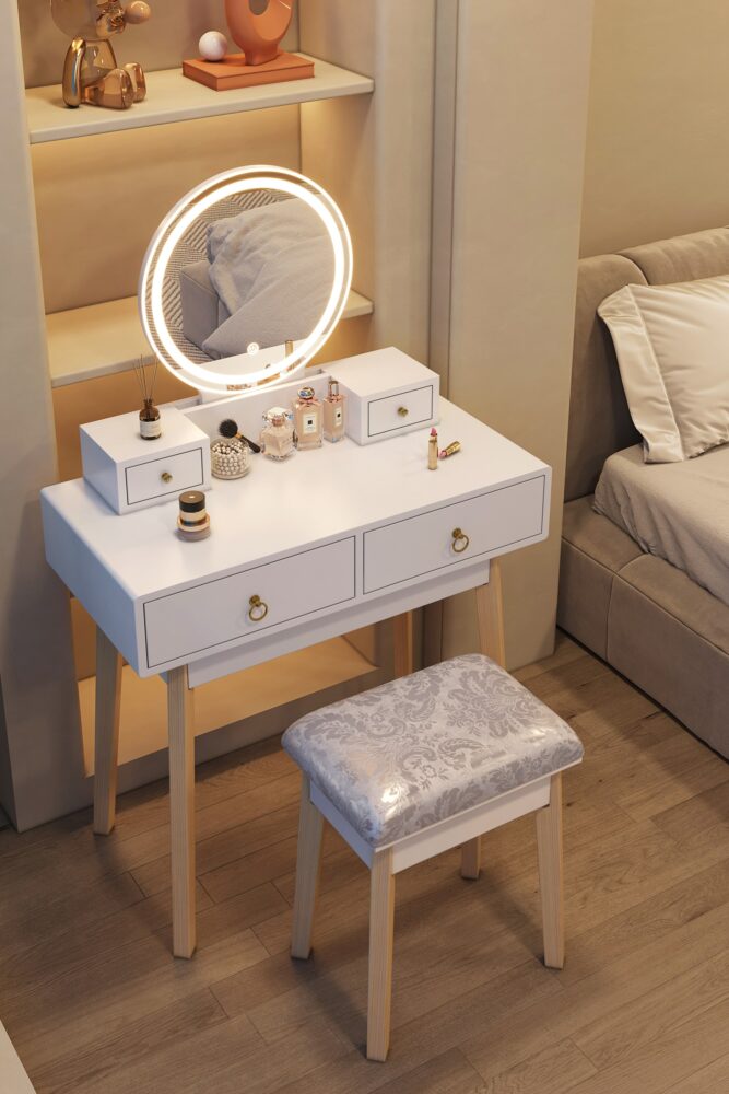 Dressing Vanity Table Stool Set with Make-up LED Lighted Mirror-White - Cosy Abode