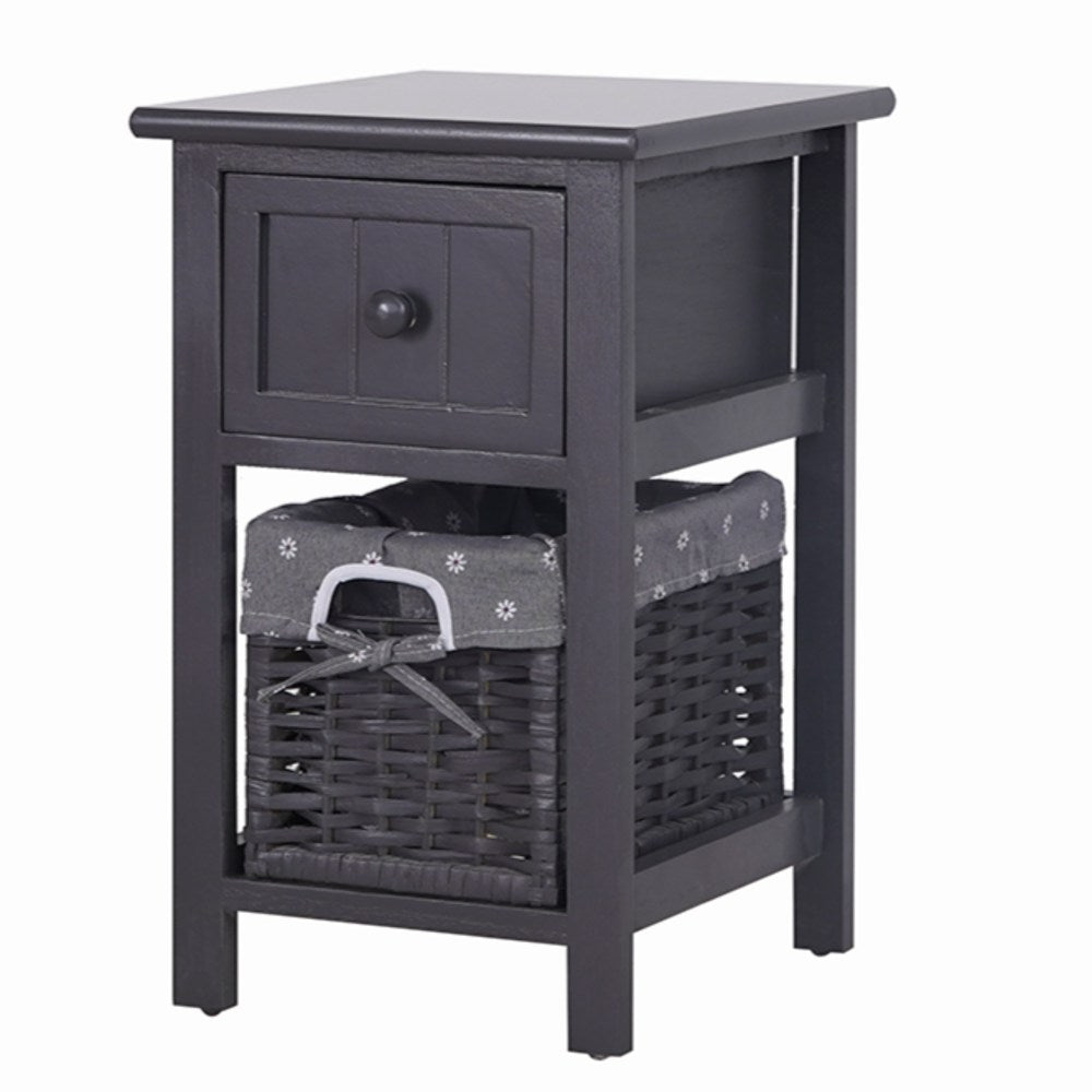 Grey Bedside Table with Wicker Basket - Cosy Abode