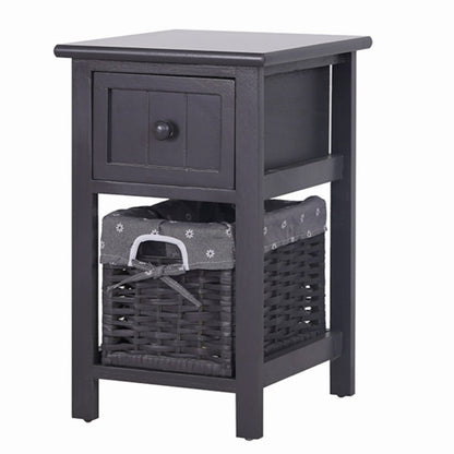 Grey Bedside Table with Wicker Basket - Cosy Abode