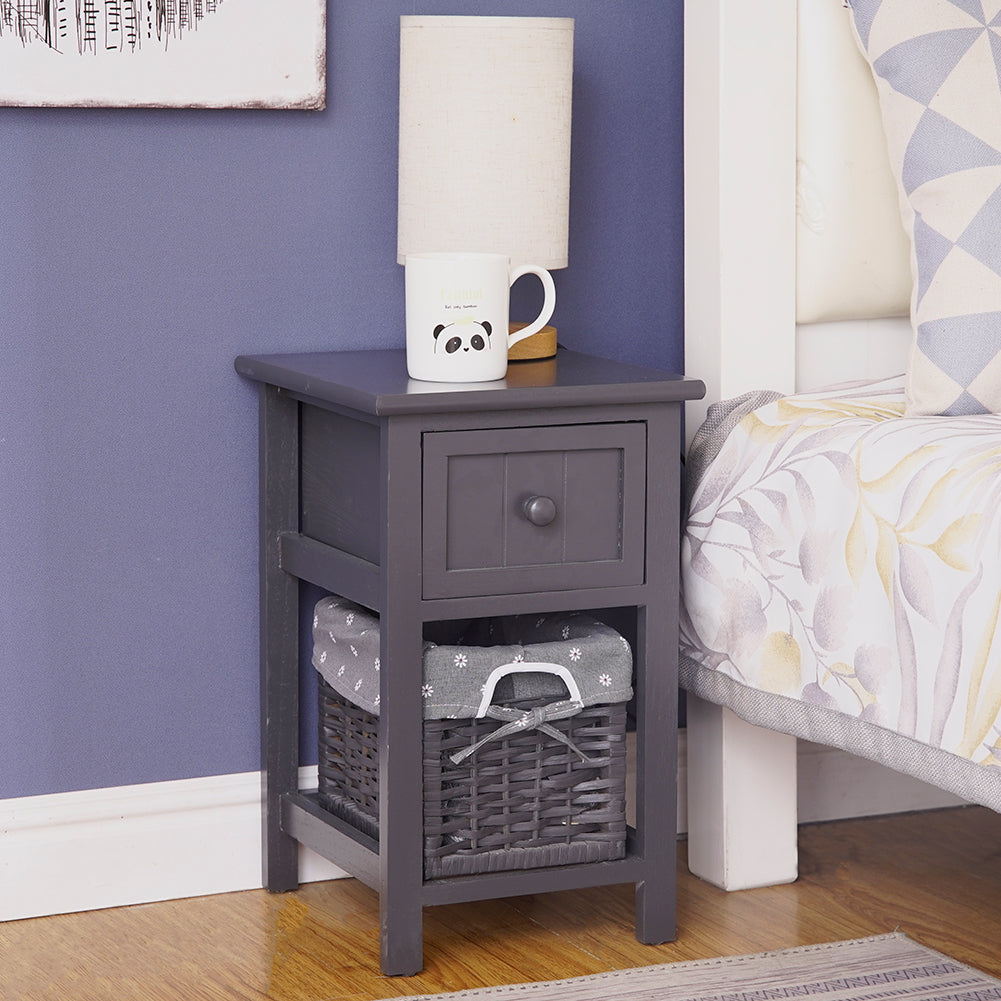 Grey Bedside Table with Wicker Basket - Cosy Abode
