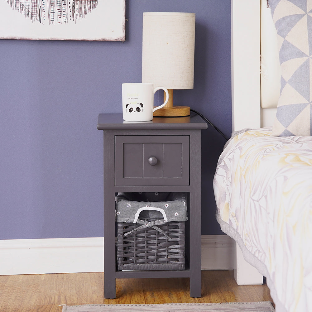 Grey Bedside Table with Wicker Basket - Cosy Abode