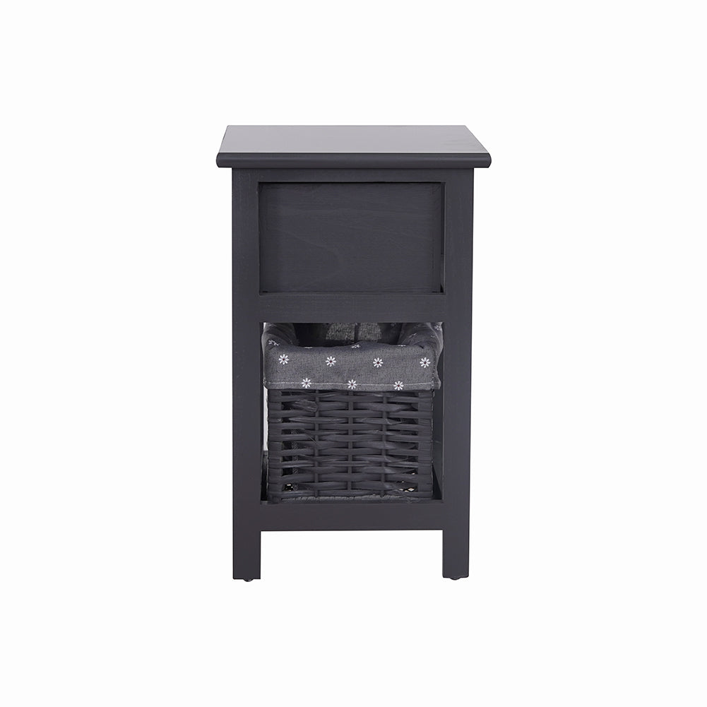 Grey Bedside Table with Wicker Basket - Cosy Abode