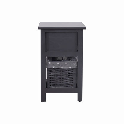 Grey Bedside Table with Wicker Basket - Cosy Abode
