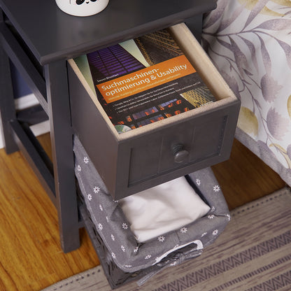 Grey Bedside Table with Wicker Basket - Cosy Abode