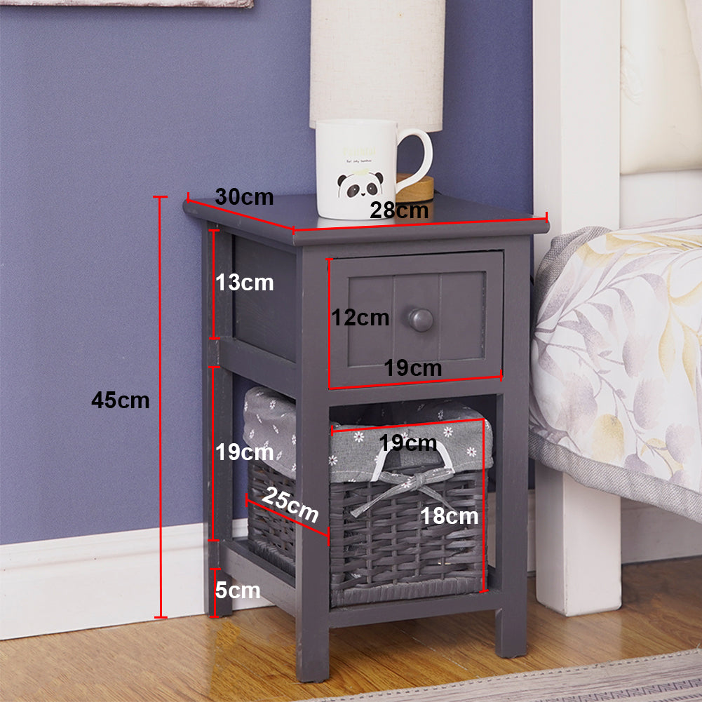 Grey Bedside Table with Wicker Basket - Cosy Abode