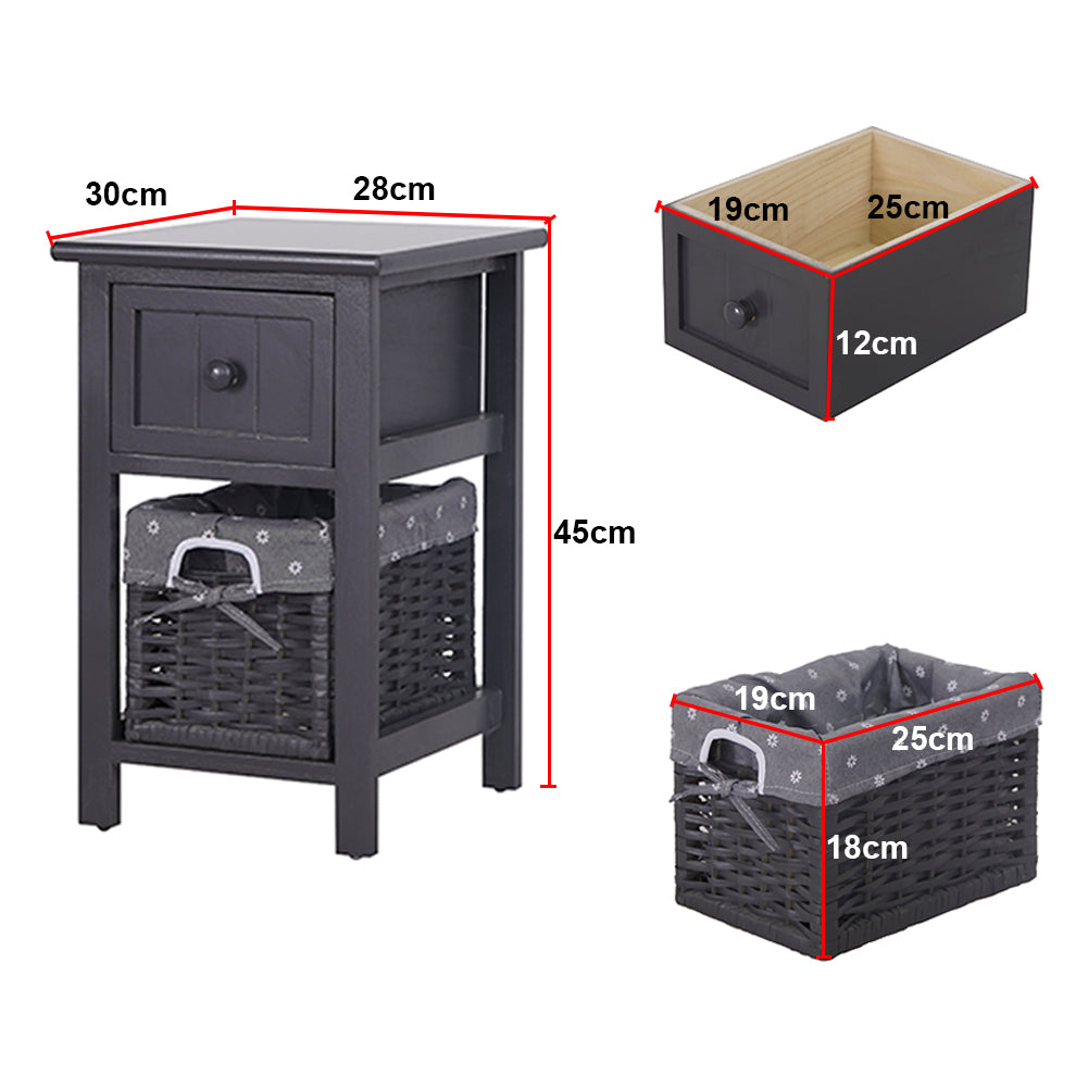 Grey Bedside Table with Wicker Basket - Cosy Abode