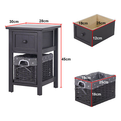 Grey Bedside Table with Wicker Basket - Cosy Abode