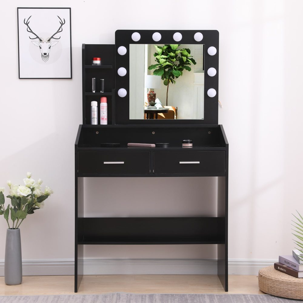 Diana Vanity Set with Shelves Cushioned Stool and Lighted Mirror- Black - Cosy Abode