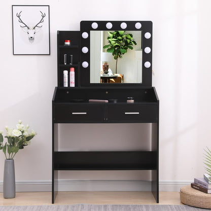 Diana Vanity Set with Shelves Cushioned Stool and Lighted Mirror- Black - Cosy Abode