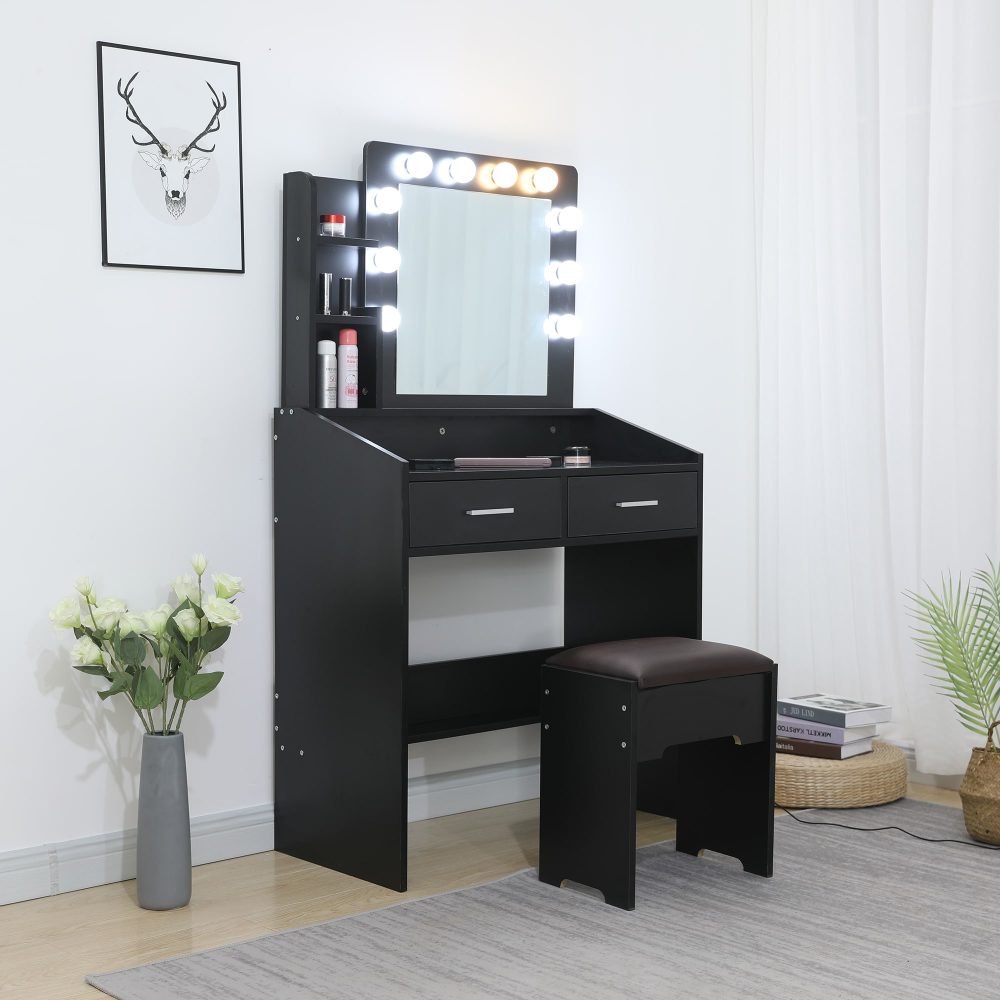 Diana Vanity Set with Shelves Cushioned Stool and Lighted Mirror- Black - Cosy Abode