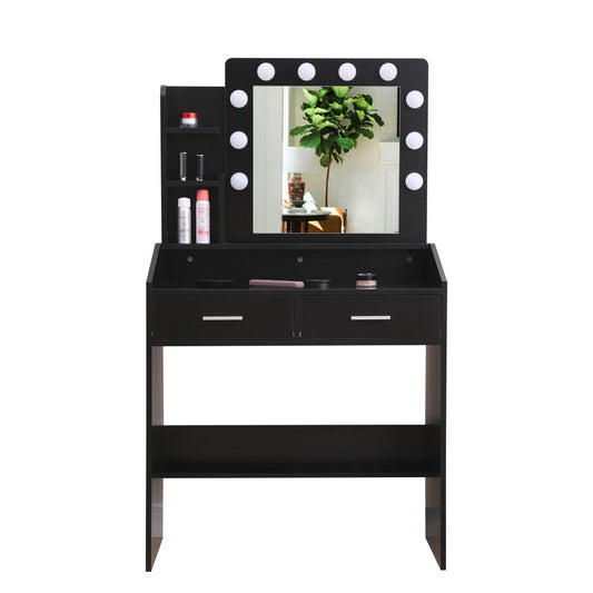 Diana Vanity Set with Shelves Cushioned Stool and Lighted Mirror- Black - Cosy Abode