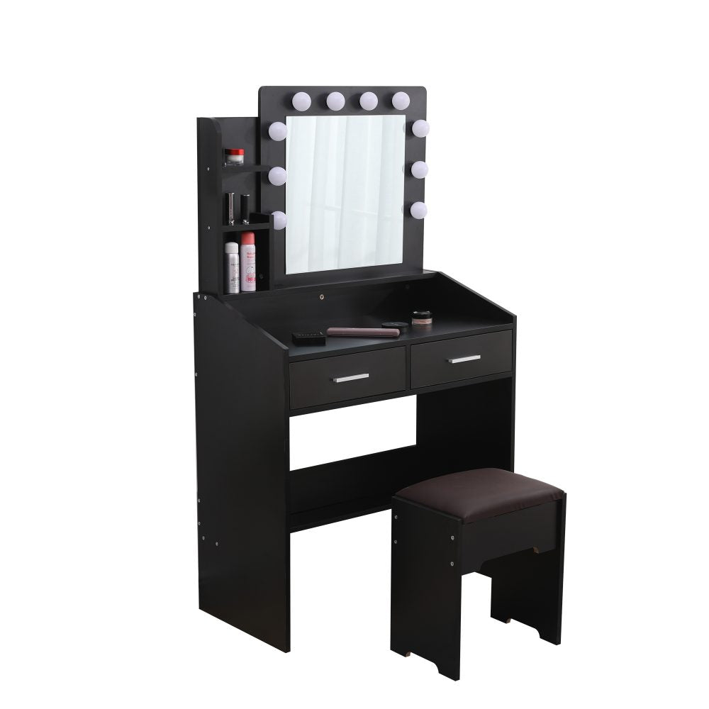 Diana Vanity Set with Shelves Cushioned Stool and Lighted Mirror- Black - Cosy Abode