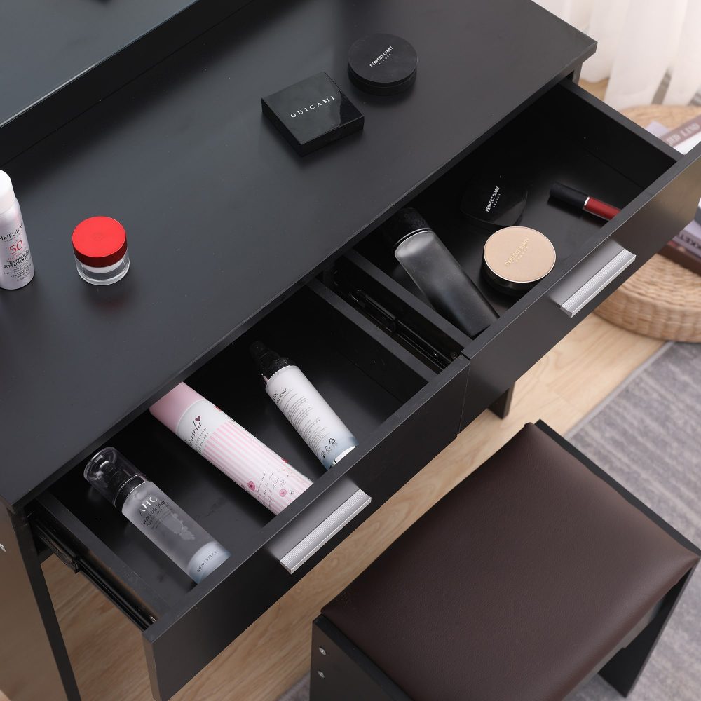 Diana Vanity Set with Shelves Cushioned Stool and Lighted Mirror- Black - Cosy Abode