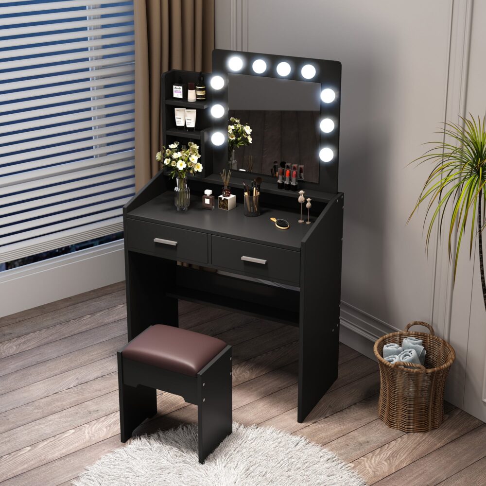 Diana Vanity Set with Shelves Cushioned Stool and Lighted Mirror- Black - Cosy Abode