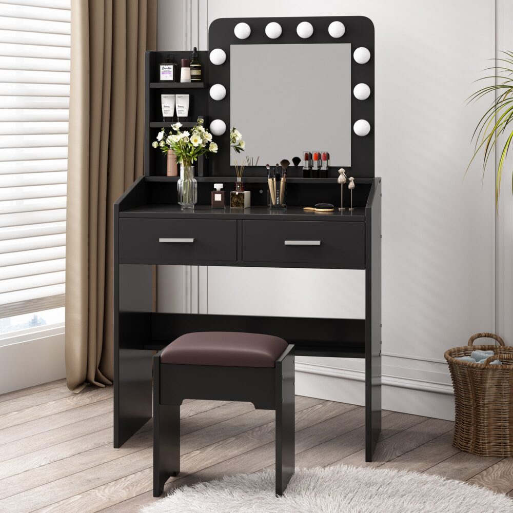 Diana Vanity Set with Shelves Cushioned Stool and Lighted Mirror- Black - Cosy Abode