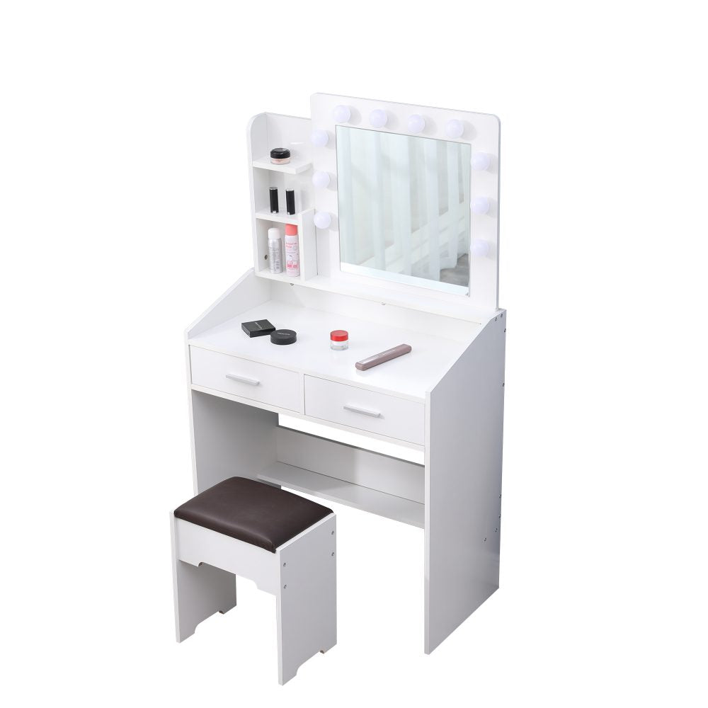 Diana Vanity Set with Shelves Cushioned Stool and Lighted Mirror- White - Cosy Abode