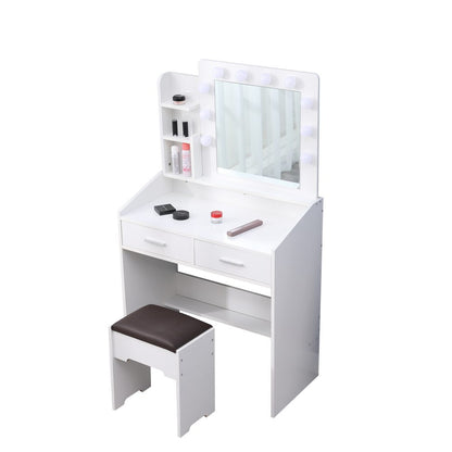 Diana Vanity Set with Shelves Cushioned Stool and Lighted Mirror- White - Cosy Abode