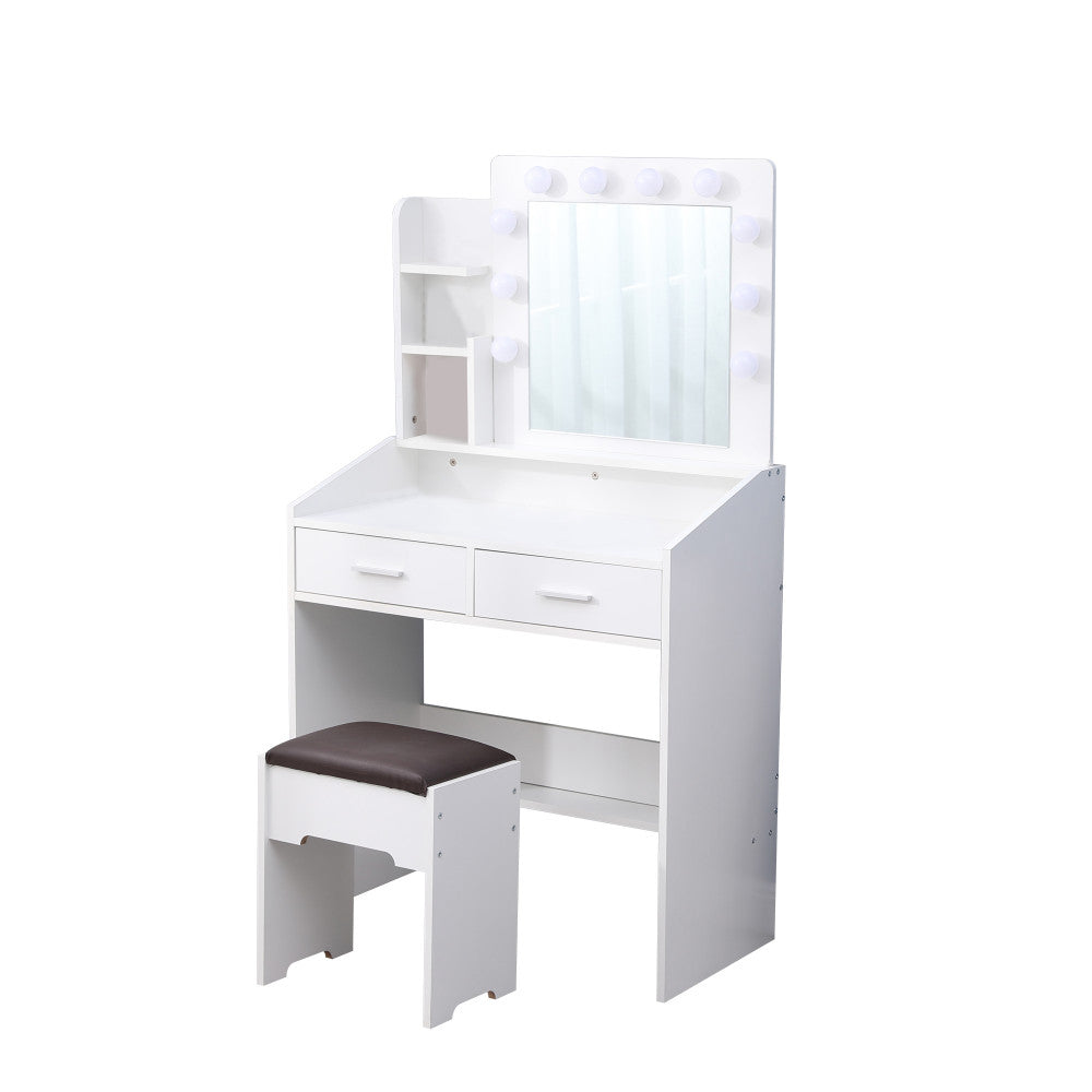 Diana Vanity Set with Shelves Cushioned Stool and Lighted Mirror- White - Cosy Abode
