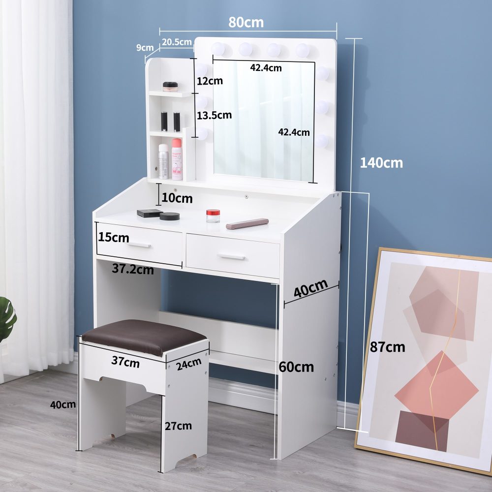 Diana Vanity Set with Shelves Cushioned Stool and Lighted Mirror- White - Cosy Abode