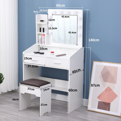 Diana Vanity Set with Shelves Cushioned Stool and Lighted Mirror- White - Cosy Abode