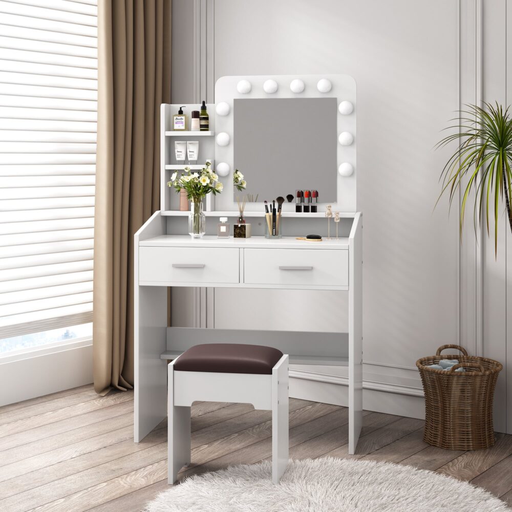 Diana Vanity Set with Shelves Cushioned Stool and Lighted Mirror- White - Cosy Abode