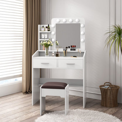 Diana Vanity Set with Shelves Cushioned Stool and Lighted Mirror- White - Cosy Abode