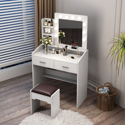 Diana Vanity Set with Shelves Cushioned Stool and Lighted Mirror- White - Cosy Abode