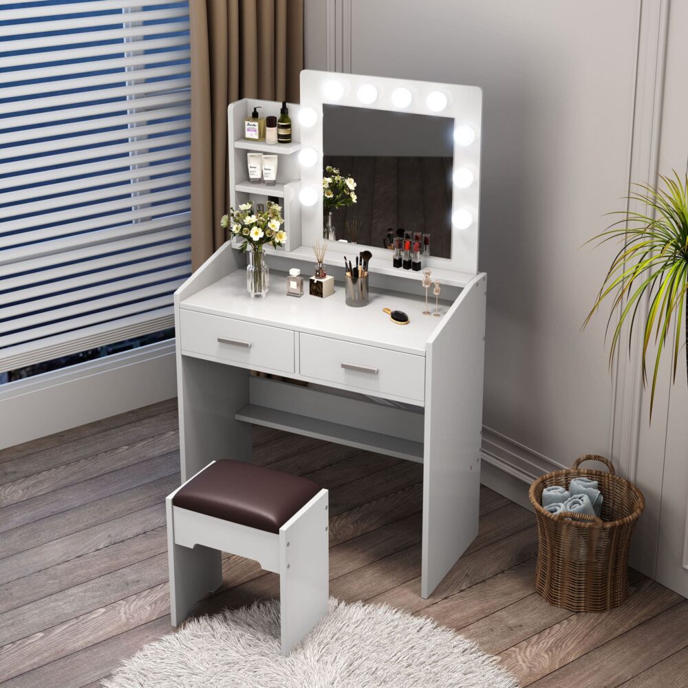 Diana Vanity Set with Shelves Cushioned Stool and Lighted Mirror- White - Cosy Abode