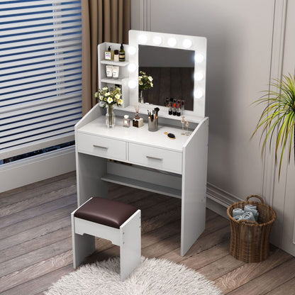 Diana Vanity Set with Shelves Cushioned Stool and Lighted Mirror- White - Cosy Abode