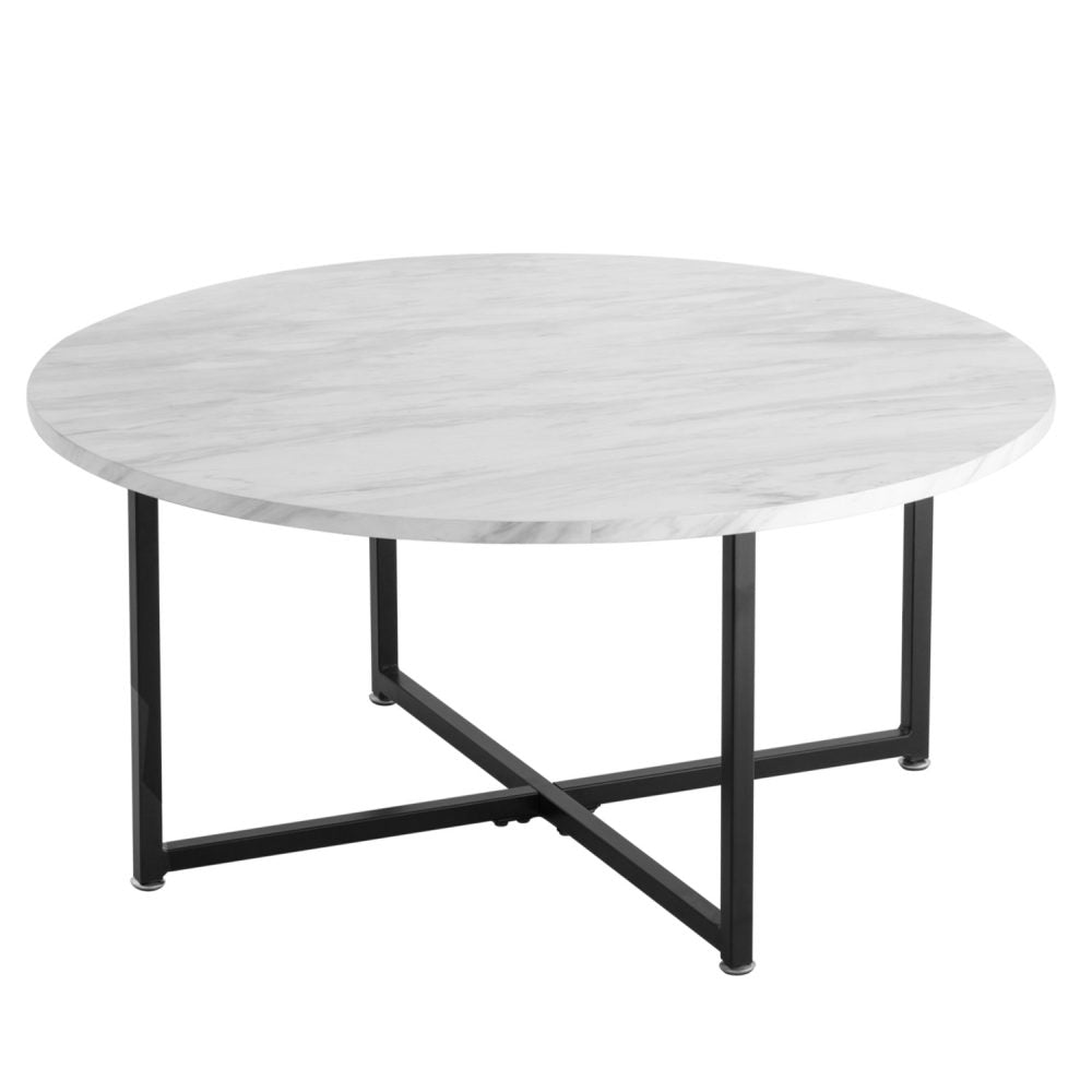 White Marble Effect Round Coffee Table with Black Legs - Cosy Abode