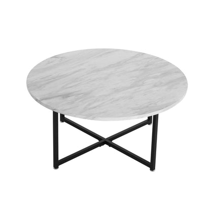 White Marble Effect Round Coffee Table with Black Legs - Cosy Abode