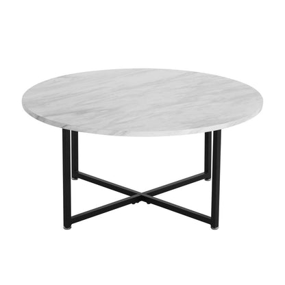 White Marble Effect Round Coffee Table with Black Legs - Cosy Abode