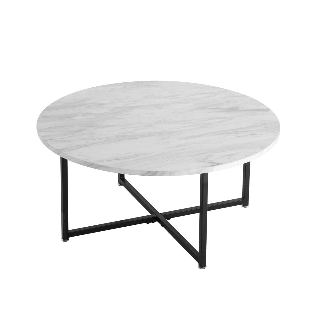 White Marble Effect Round Coffee Table with Black Legs - Cosy Abode