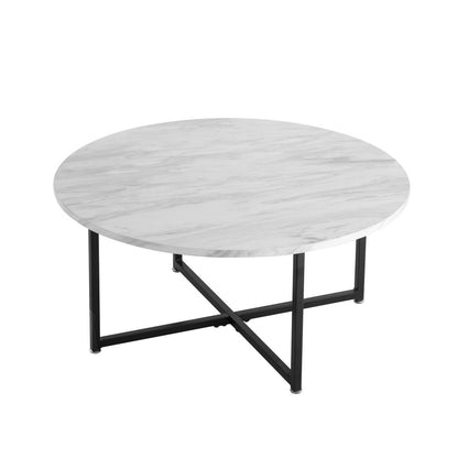 White Marble Effect Round Coffee Table with Black Legs - Cosy Abode